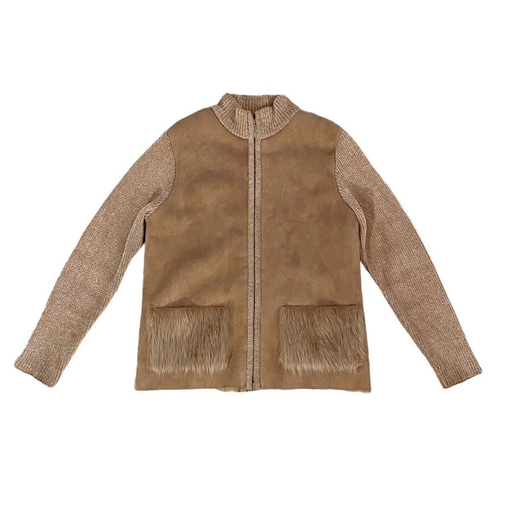 Vintage Womens Lisa International Chunky Knit Faux Fur Pockets & Suede Jacket
